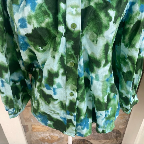 TUCKERNUCK Deep Lagoon Luca Puff Sleeve Button Down Blouse $178 - Picture 7 of 16